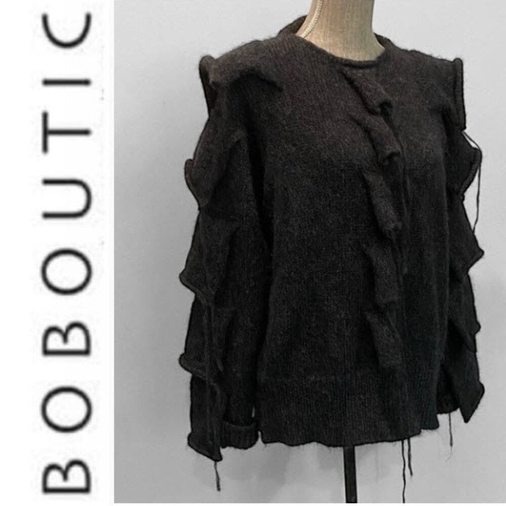 Boboutic Mohair Black Ruffle Sweater Oversized Small Made in ItalyTrendy & Cozy